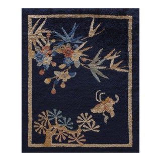 1920s Blue Foliate Antique Chinese Art Deco Rug 1'7'' X 2' Knotted Wool Carpet For Sale
