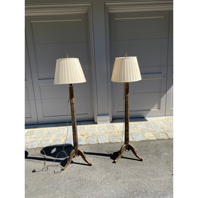 Chinoiserie - reflects Chinese influence, European style. Wooden lamp bases on tripod base with gold paint. Black painted...