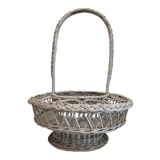 Vintage Shabby Chic White Wicker Picnic Basket For Sale