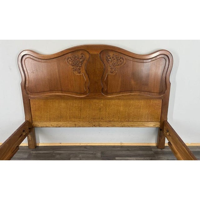 Brown Vintage French Louis XVI Style Oak Double Bed Frame with Carved Headboard For Sale - Image 8 of 12