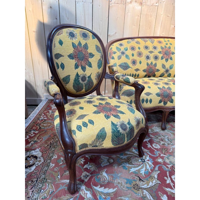 Louis-Philippe Living Room Sofa and Armchairs in Rosewood and Floral Fabric, Set of 3 For Sale - Image 3 of 8