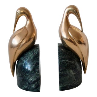 Italian Decorative Brass Egret on Solid Deep Green Marble Bookends-A Pair For Sale