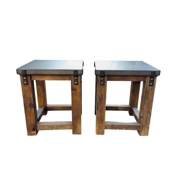 Restoration Hardware Rh Reclaimed Wood & Aged Zinc Strap Side Tables – Rustic Industrial Farmhouse Accent Tables For Sale - Image 6 of 16