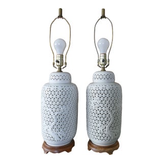 Mid 20th Century Large Chinoiserie Blanc De Chine Table Lamps White Pierced - a Pair For Sale