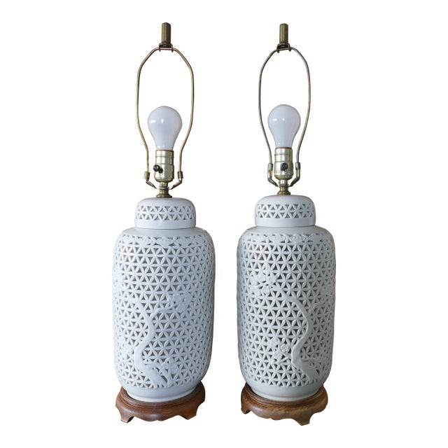 Mid 20th Century Large Chinoiserie Blanc De Chine Table Lamps White Pierced - a Pair For Sale