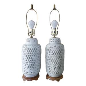 Mid 20th Century Large Chinoiserie Blanc De Chine Table Lamps White Pierced - a Pair