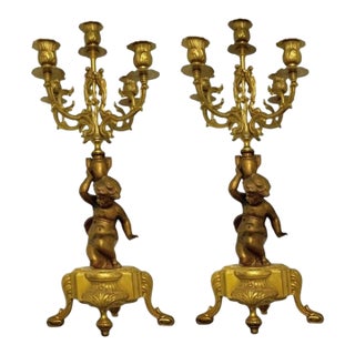 Mid 20th Century Candelabra Pair Brass 4 Arms With Cherub Angel Figures Vintage French Decor For Sale
