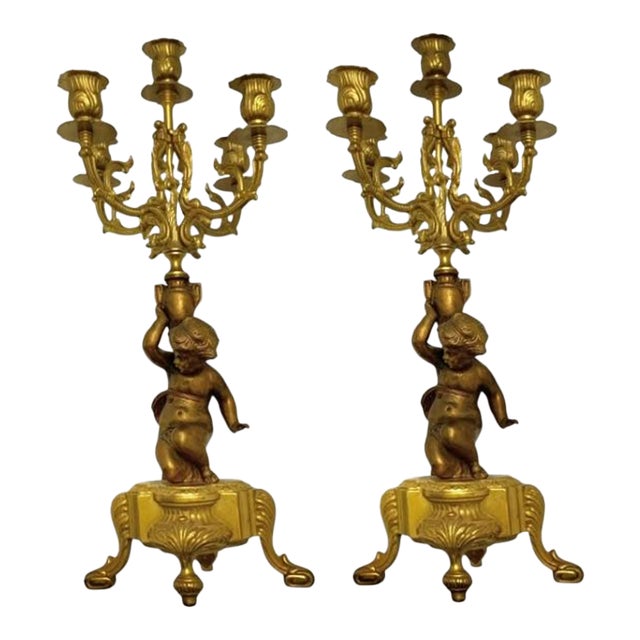 Mid 20th Century Candelabra Pair Brass 4 Arms With Cherub Angel Figures Vintage French Decor For Sale