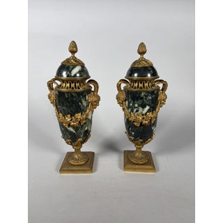 Pair of Louis XVI style green marble and gilt bronze cassolettes For Sale