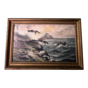 Original Oil Painting by Leonard Becker Jurgen 1885-1956 Dramatic Vintage Coastal Oil Painting in Gilded Frame — Shepherd & Stormy Sea