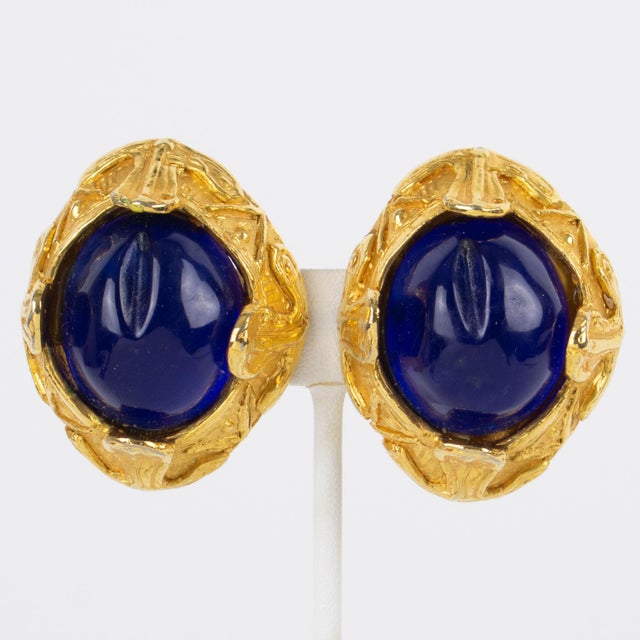 Contemporary French Designer MCL Gilt Metal Clip Earrings With Blue Cabochons - 2 Pieces For Sale - Image 3 of 6