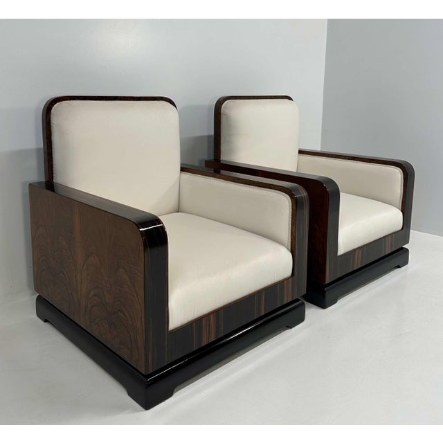 1930s Set of Art Deco Italian Macassar, Walnut Root and Cream Velvet Armchairs, 1930s For Sale - Image 5 of 13