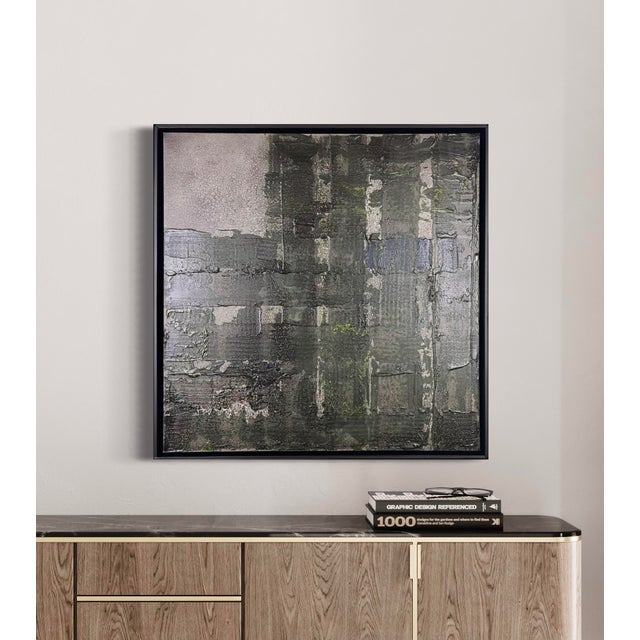 Original abstract painting by J. Kent Martin featuring soft sage, olive green, charcoal, and layered neutrals in a...