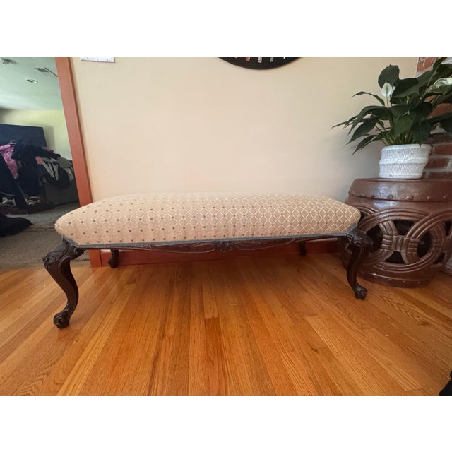 Taupe Late 20th Century Queen Anne Walnut Bench / Ottoman in Brunschwig & Fils Upholstery – Carved Cabriole Legs For Sale - Image 8 of 8