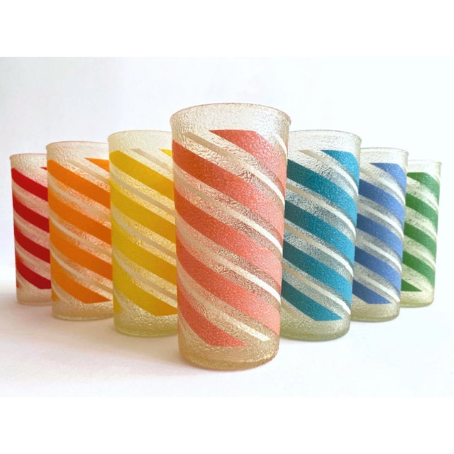 Vintage Mid Century Modern Candy Stripe Multicolor Frosted Tumbler Glasses- Set of 7 For Sale - Image 13 of 13