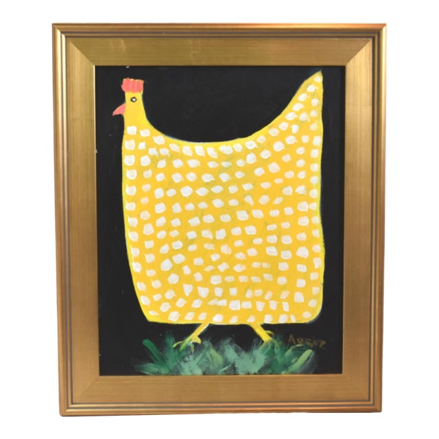 Yellow & White Spotted Folk Art Chicken Hen Painting by Ruth Arenz Including the Antiqued Gold Wood Frame For Sale
