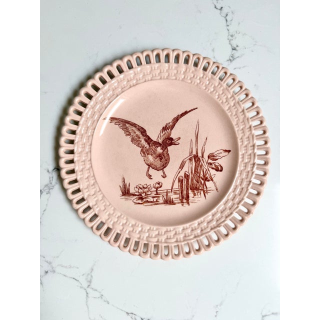 Pair of Longwy "Marly" Earthenware Plates With Brown and Blue Transferware and a Pierced Basketweave Border For Sale In New Orleans - Image 6 of 9
