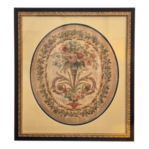 19th Century French Tapestry Cartoon – Basket With Floral Swag, Framed