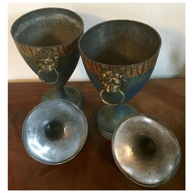 Pair Antique 19th Century English Regency Tole Paint Decorated Pontypool Pewter Chestnut Vase Urns With Lion Mask Ring Handles For Sale - Image 9 of 11