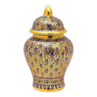 Late 20th Century Thai Benjarong Hand-Painted Gilt Porcelain Covered Jar 6.6" For Sale