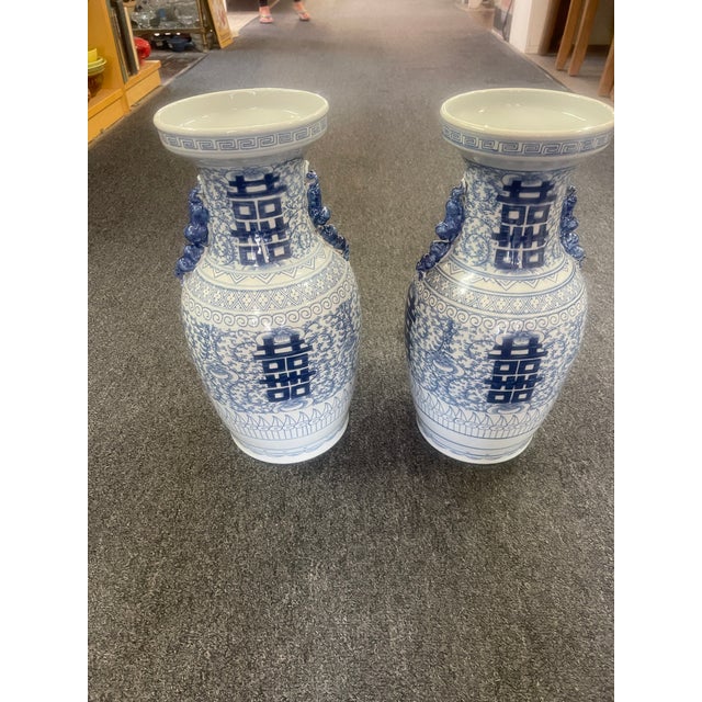 1920s Pair of 16" Double Happiness Blue/WHT Vases For Sale - Image 5 of 5