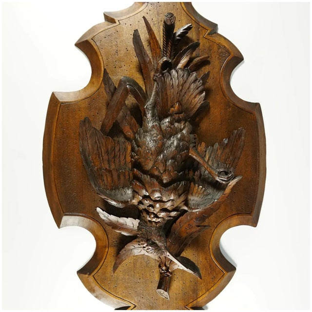 Antique 19th century Swiss Black Forest hand carved wood hunting trophy wall plaque, wonderful "Fruits of the Hunt" themed...