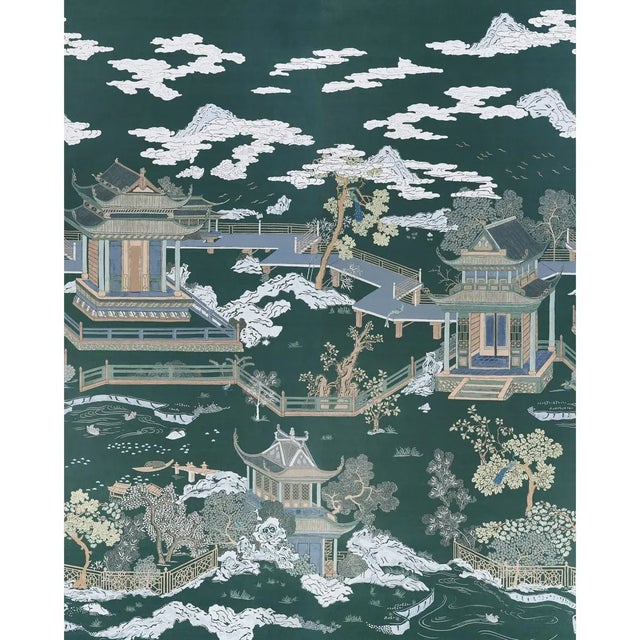 Chinese Schumacher X Miles Redd Coromandel Panel in Midnight Green - Set of 2 For Sale - Image 3 of 4