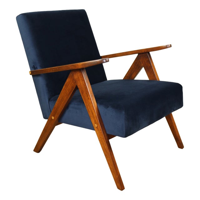 Vintage Navy Blue Velvet Var B-310 Chair in Dark Wood, 1960s For Sale