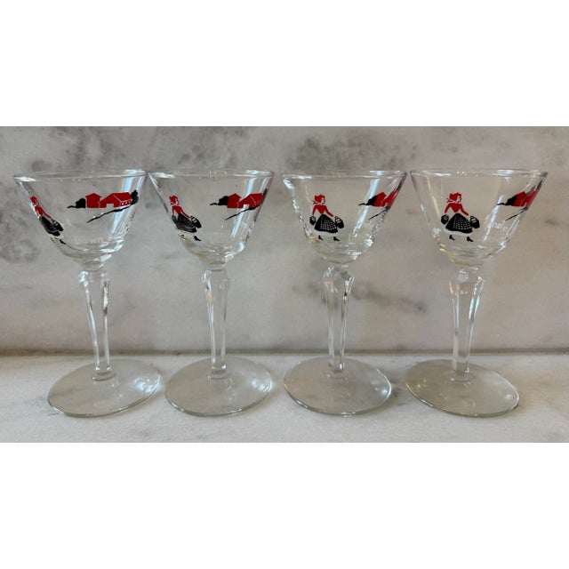 Set of 4 vintage mid century "Down on the Farm" cordial glasses (3oz) by Libbey featuring a red and black retro farm scene.