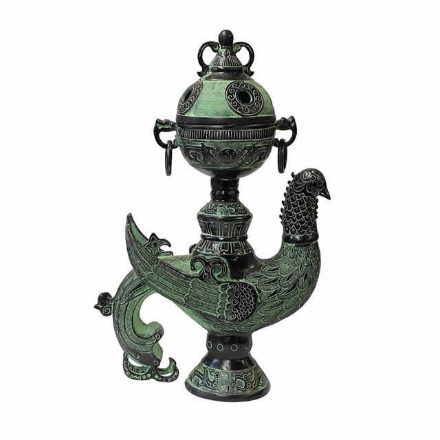 2010s Chinese Green Black Ancient Phoenix Bird Incense Holder Display Vessel For Sale - Image 5 of 5