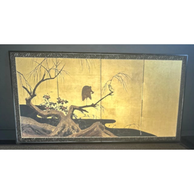 Painting, four-panel folding screen. Birds and flowers of late winter, early spring: lone white egret on willow tree...