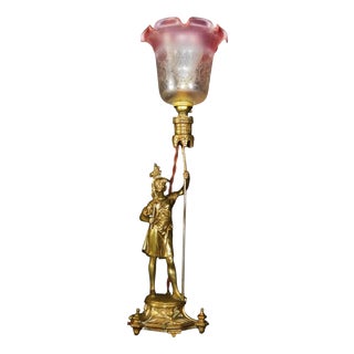 English Art Deco Bronze Roman Knight Figural Lamp in Cranberry Glass, 1920s For Sale