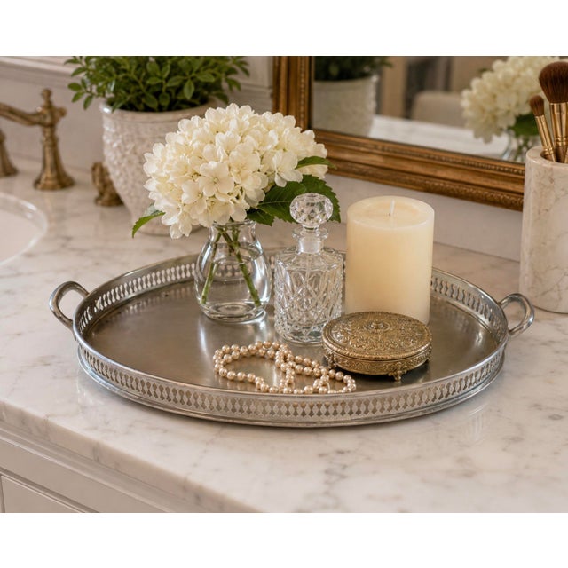 Elegant vintage oval gallery tray featuring a classic pierced openwork border, substantial integrated handles, and four...