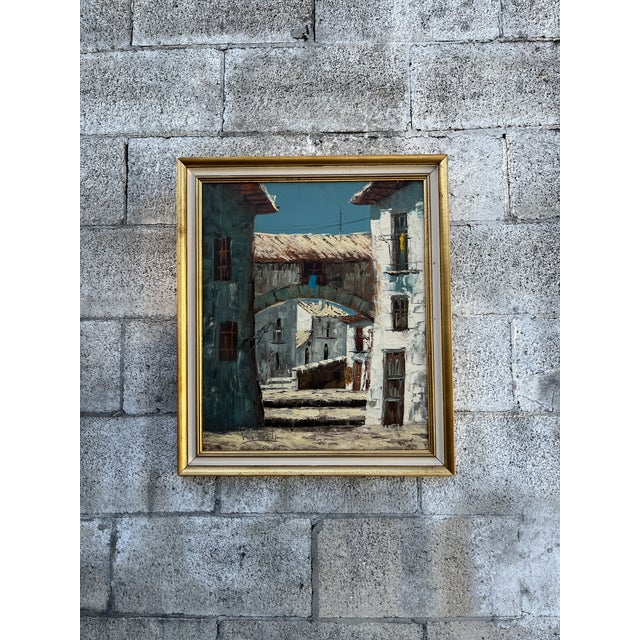 Vintage Mid 20th-Century Architectural Landscape Oil Painting Framed and Signed by the Artist. Circa 1960s Features a...