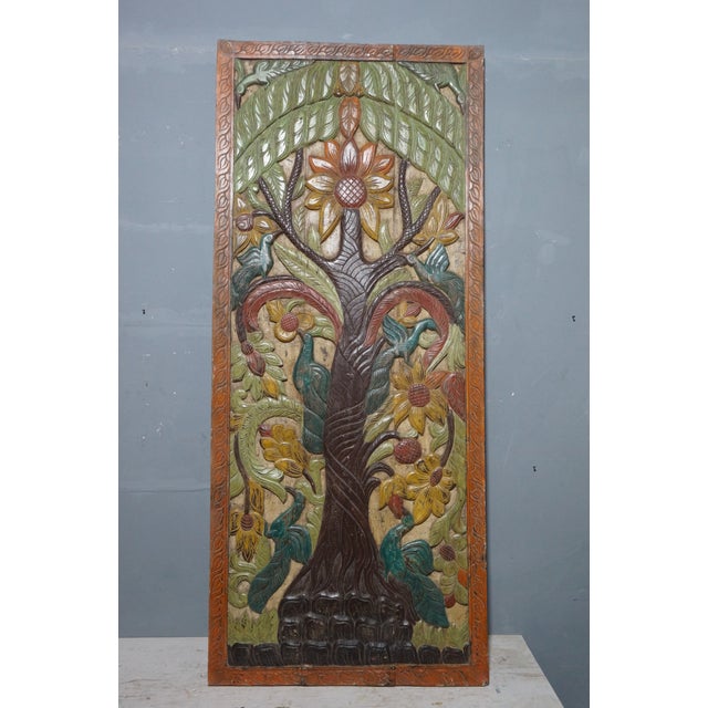 Vintage Hand-Carved Tree of Life Door Panel – Colorful Spiritual Wall Art / Sliding Barn Door 84x36 For Sale - Image 4 of 7