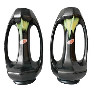 Art Nouveau Vases in Matte Black and Green Ceramic from Vesuve Pottery, Thulin, Belgium, 1910s, Set of 2 For Sale