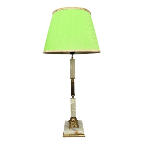 Onyx and Brass Table Lamp with Green Shade, 1950s For Sale