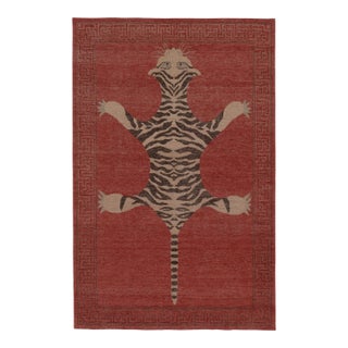 Rug & Kilim’s Distressed Tiger Rug in Red With Beige and Brown Pictorial For Sale