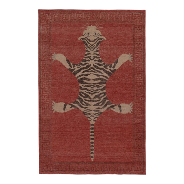 Rug & Kilim’s Distressed Tiger Rug in Red With Beige and Brown Pictorial For Sale