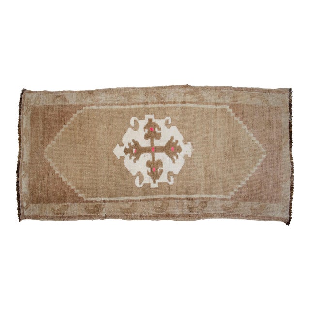 Small Turkish Rug Yastik Hand Knotted Undyed Organic Wool Petite Rug Mat Doormat - 19'' X 39'' For Sale
