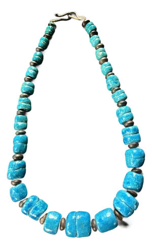 Vintage 1970s Turquoise Ceramic Beaded Necklace With Hand-Forged Sterling Clasp
