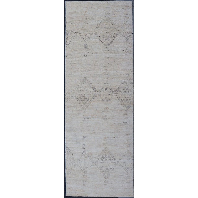 Long Modern Gallery Runner in Neutrals With Moroccan Styled Diamond Design For Sale - Image 10 of 10