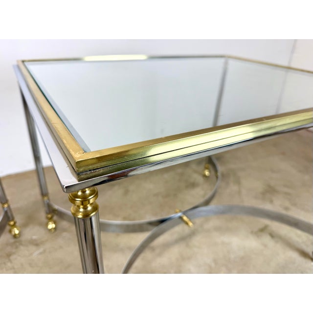 Metal Vintage Mid 20th Century Hollywood Regency Brass, Chrome & Glass Italian Side Tables—a Pair For Sale - Image 7 of 12