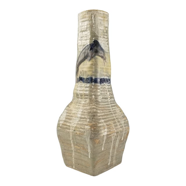 Studio Art Pottery Vase Drip Glaze Stoneware Handmade Ceramic Beige Cobalt Blue For Sale