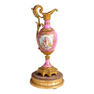 Antique Sèvres-Style Pink Porcelain & Gilt Bronze Mounted Ewer on Plinth For Sale