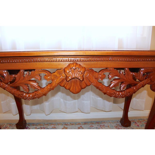 Wood 1950s Vintage Mahogany Console Table - Hand-Carved Chippendale Style With Claw Feet & Ornate Details For Sale - Image 7 of 15