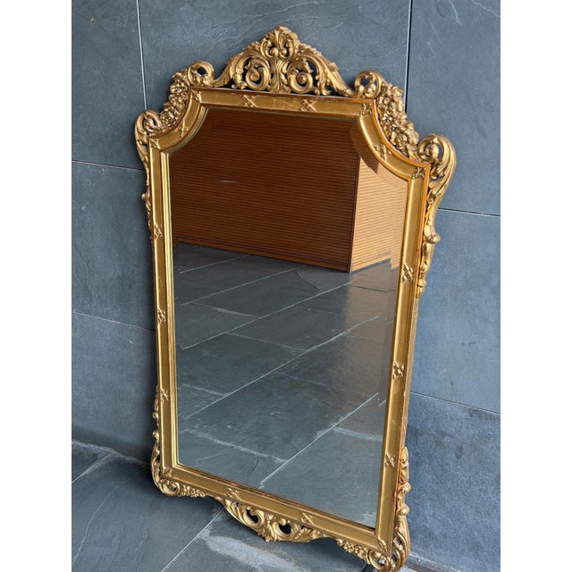 Gold French Louis XV Style Hand-Carved Giltwood Wall Mirror with Beveled Glass, 1950s For Sale - Image 8 of 12