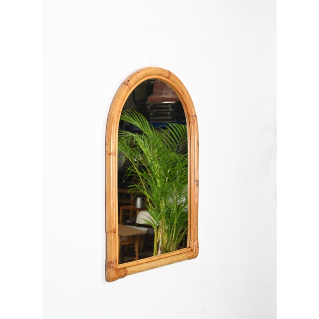 Mid-Century Arch Mirror with Double Bamboo Frame and Rattan Wicker, Italy, 1970s For Sale - Image 3 of 13