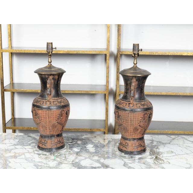 Mid 20th Century Mid 20th Century Asian Midcentury Bronze Urn-Shaped Table Lamps with Rooster and Meander - Pair For Sale - Image 5 of 9