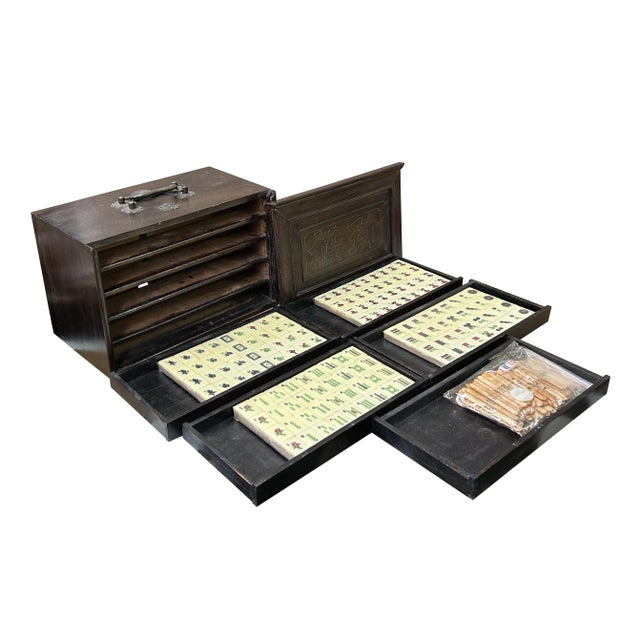 Chinese Mahjong Tiles Set W Characters Inlay Drawers Box Chest For Sale - Image 4 of 10